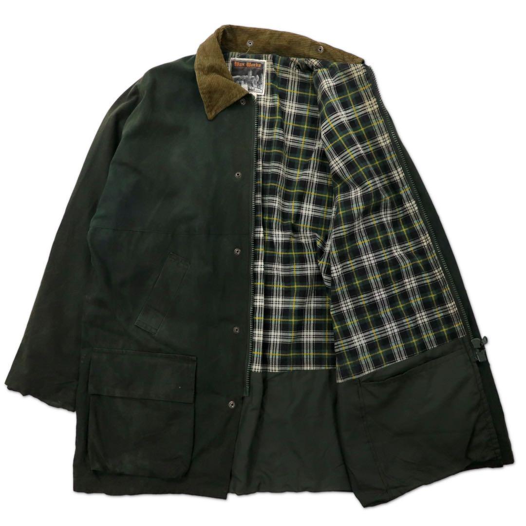 Made in England WAX WORKS Oiled Jacket Coat XL Khaki Cotton Collar Corduroy Double Zip
