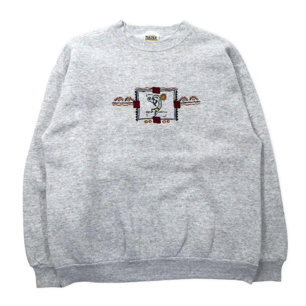 TULTEX 90's Kokopelli Indian Embroidery Sweatshirt L Gray Cotton Made in Mexico