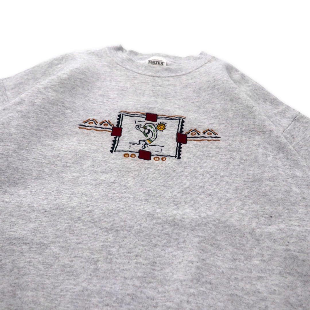 TULTEX 90's Kokopelli Indian Embroidery Sweatshirt L Gray Cotton Made in Mexico