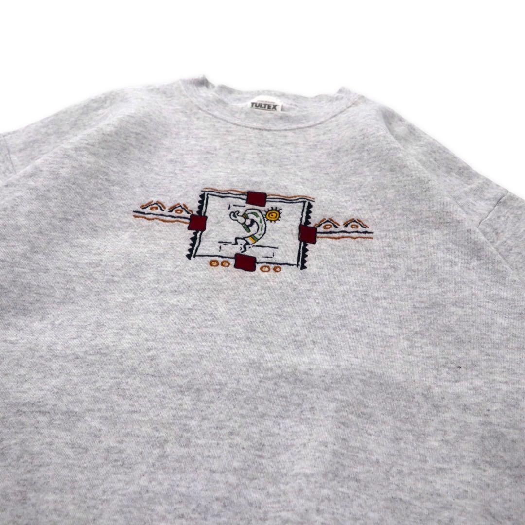 TULTEX 90's Kokopelli Indian Embroidery Sweatshirt L Gray Cotton Made in Mexico