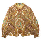 DAKS Retro Allover Pattern Shirt Blouse Jacket 9R Beige Wool Silk Blend Paisley Pattern Made in Japan