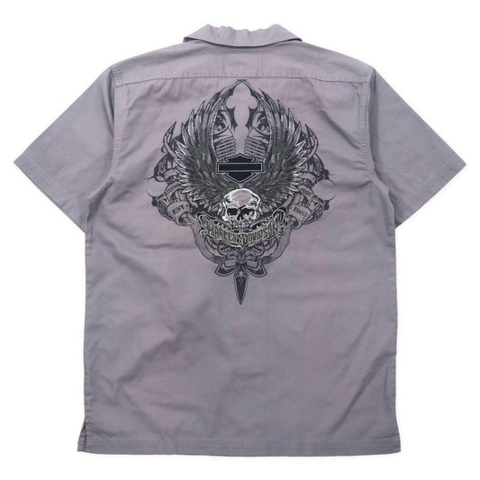 HARLEY DAVIDSON 半袖 オープンカラー ワークシャツ S グレー コットン バックロゴ刺繍