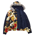 Viva Motion Scarf Print Padded Bomber Jacket 9 Navy All-over Pattern Quilted Lining Made in Japan