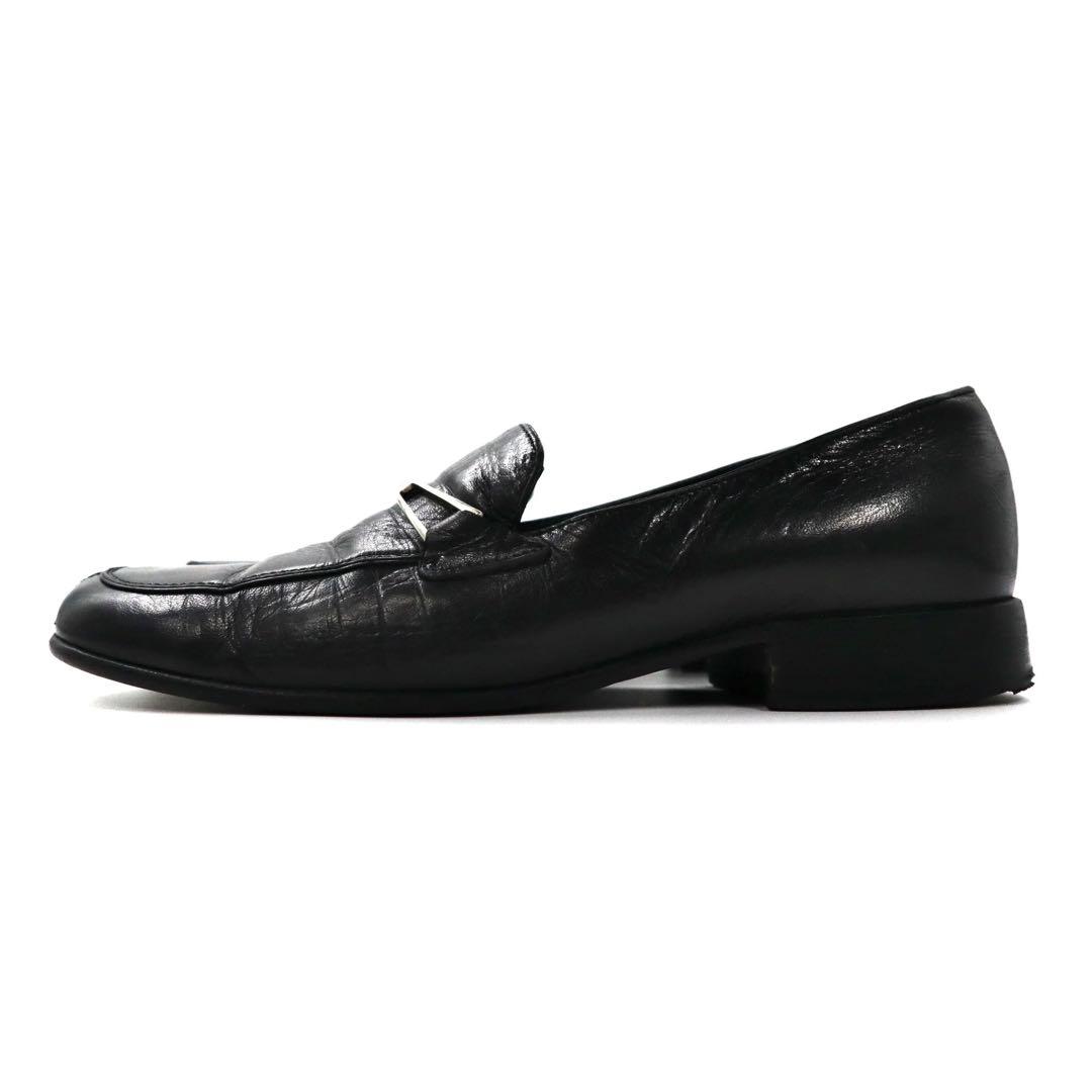 PRADA loafers 23cm black V-tip leather logo plate made in Italy