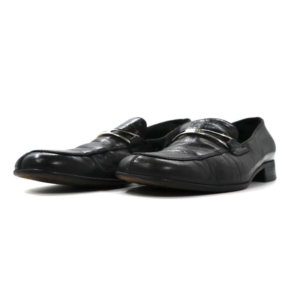 PRADA loafers 23cm black V-tip leather logo plate made in Italy