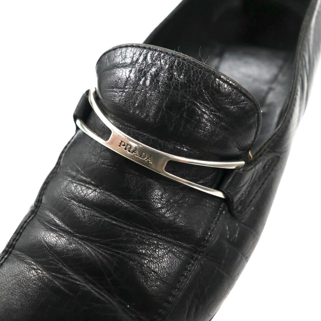 PRADA loafers 23cm black V-tip leather logo plate made in Italy