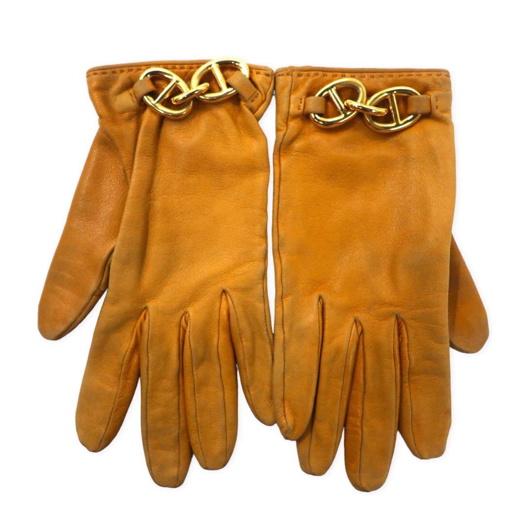 HERMES Made in France Chaine d'Ancre Leather Gloves Gloves 6 1/2 Beige