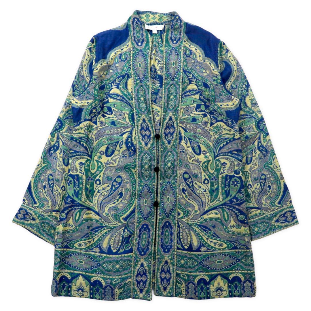 TRAVEL SMITH Jacquard Gown Cardigan M Blue Rayon All Over Pattern Paisley Bohemian China Button