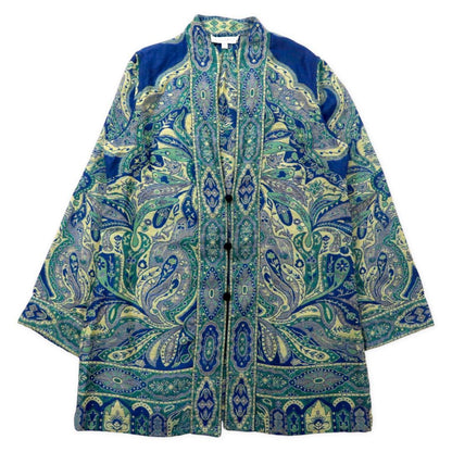 TRAVEL SMITH Jacquard Gown Cardigan M Blue Rayon All Over Pattern Paisley Bohemian China Button