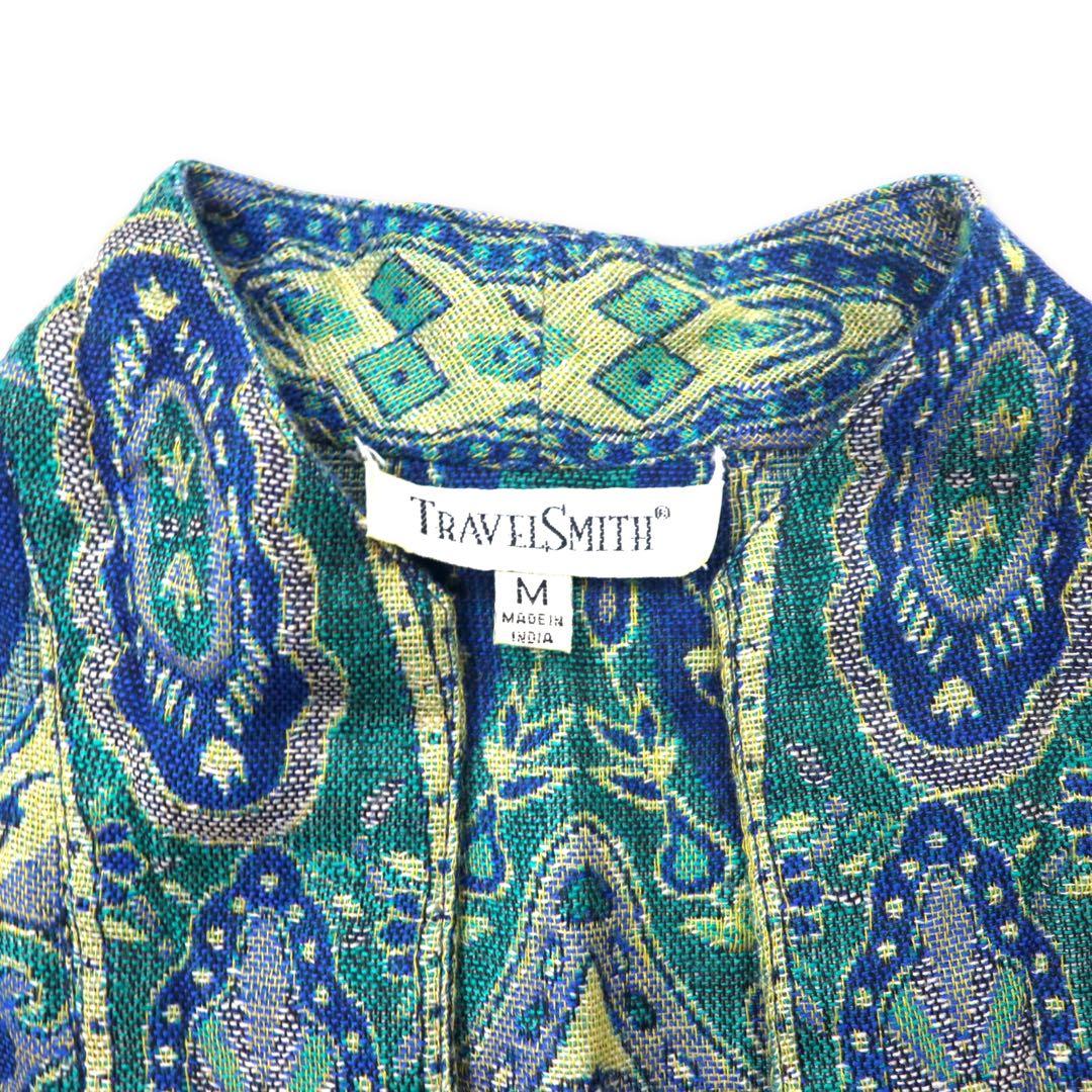 TRAVEL SMITH Jacquard Gown Cardigan M Blue Rayon All Over Pattern Paisley Bohemian China Button