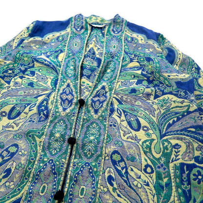 TRAVEL SMITH Jacquard Gown Cardigan M Blue Rayon All Over Pattern Paisley Bohemian China Button