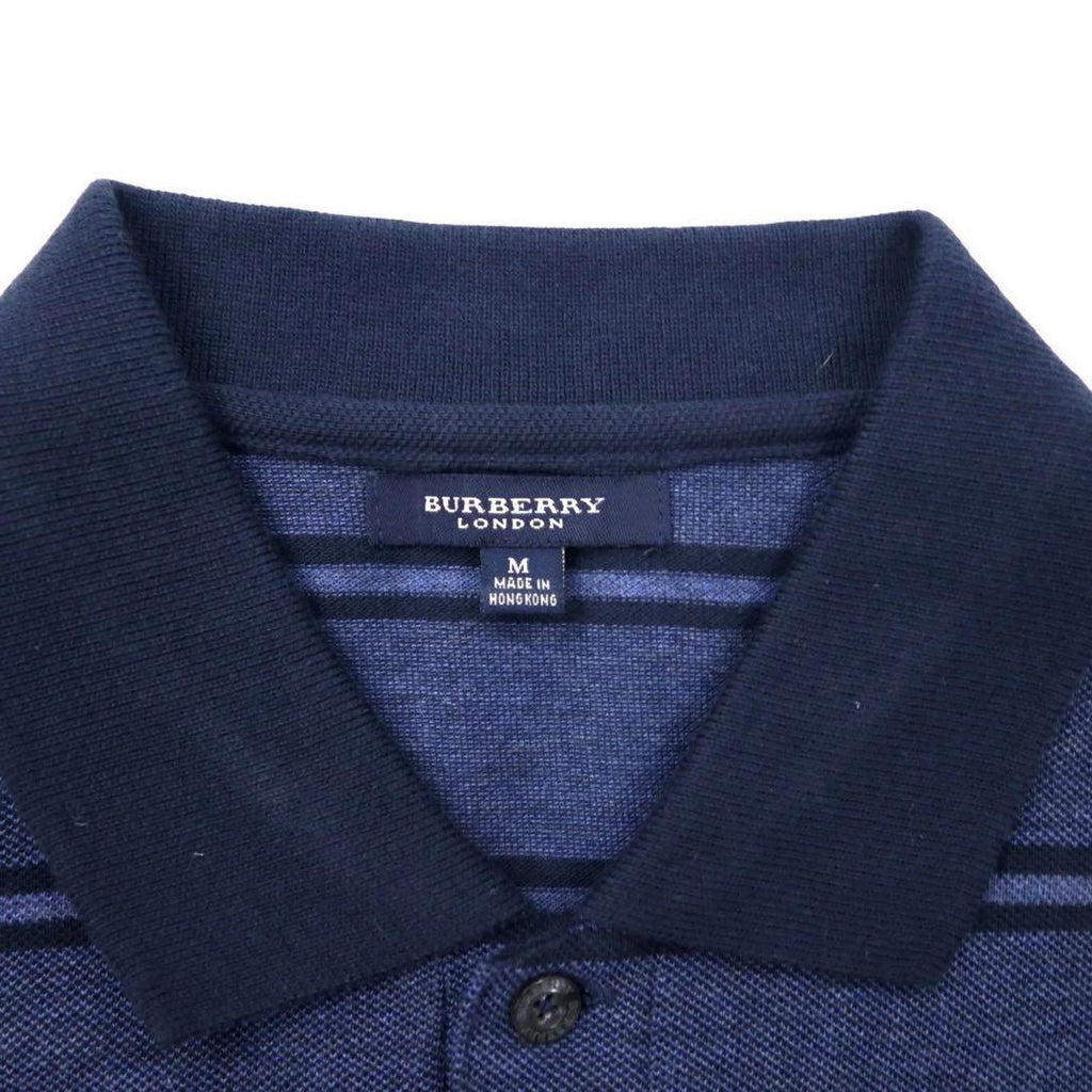 BURBERRY ボーダー ポロシャツ M ネイビー コットン ワンポイントロゴ刺繍