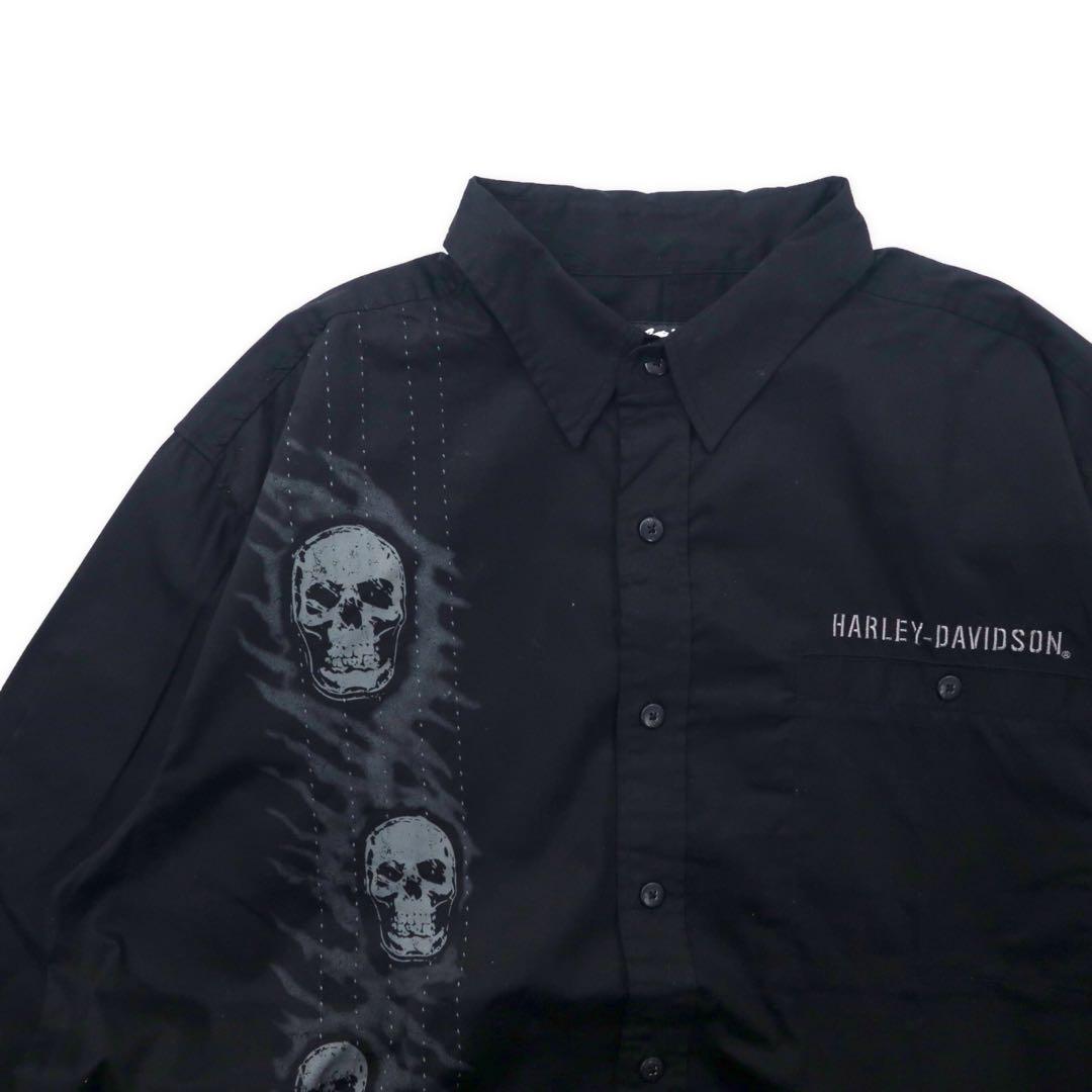 HARLEY DAVIDSON スカルプリント シャツ XL ブラック コットン ロゴ刺繍 刺子 ビッグサイズ