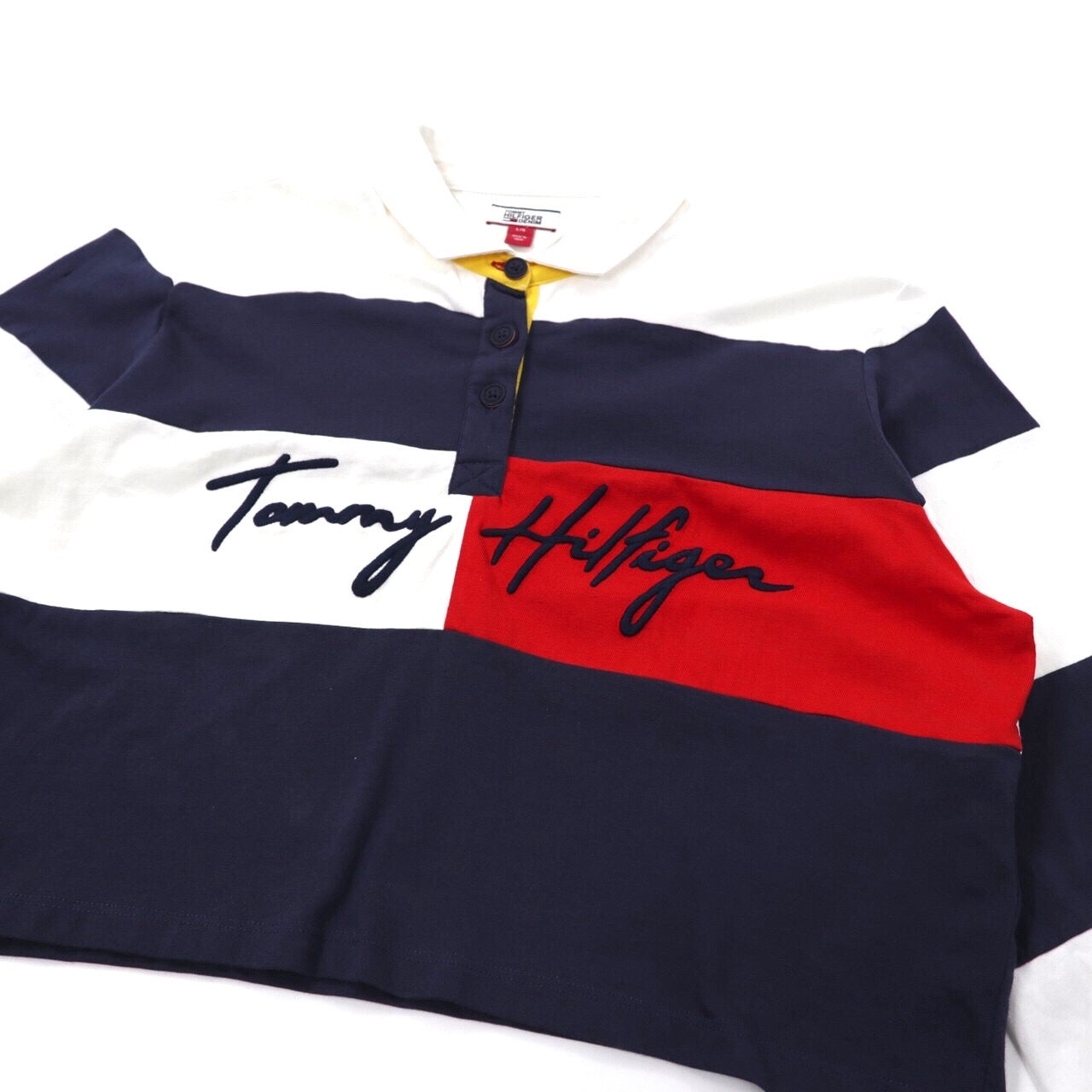 TOMMY HILFIGER クロップドラガーシャツ L ホワイト ボーダー コットン ロゴ刺繍