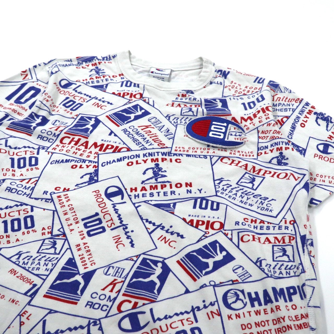 Champion 総柄Tシャツ L ホワイト コットン スクリプトロゴワッペン 100周年記念モデル