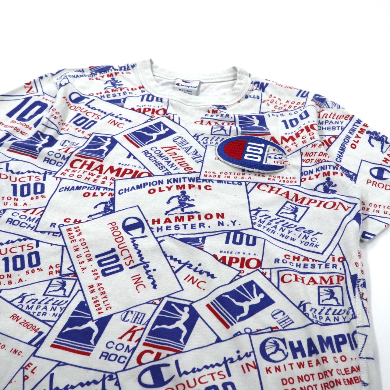 Champion 総柄Tシャツ L ホワイト コットン スクリプトロゴワッペン