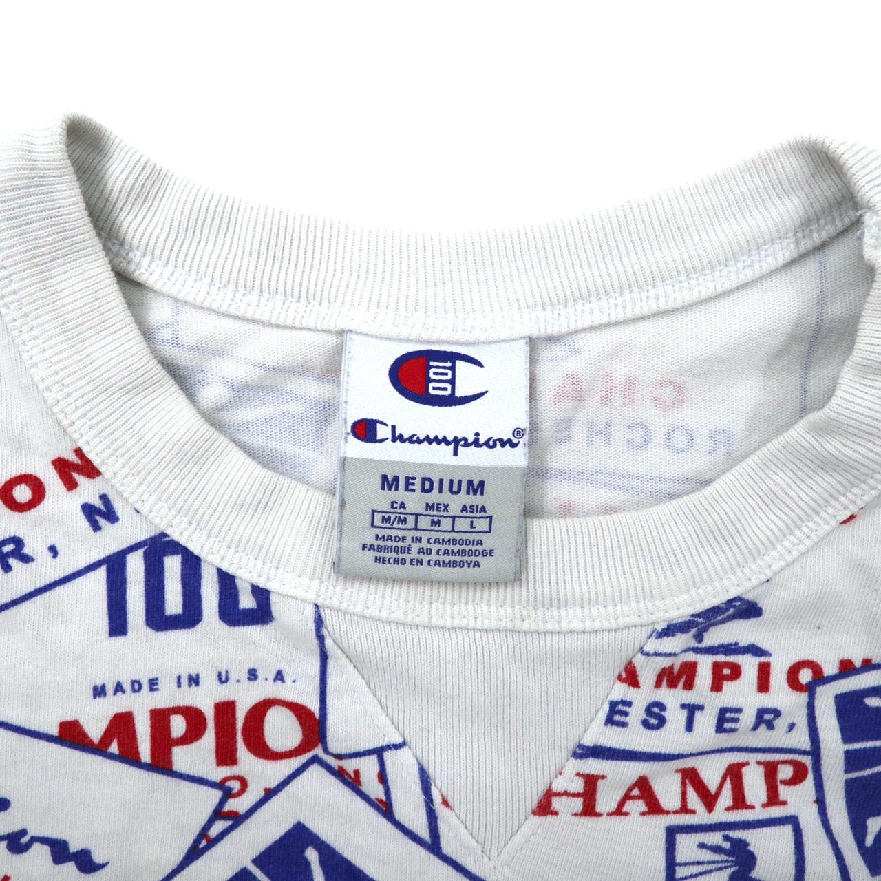 Champion 総柄Tシャツ L ホワイト コットン スクリプトロゴワッペン 100周年記念モデル