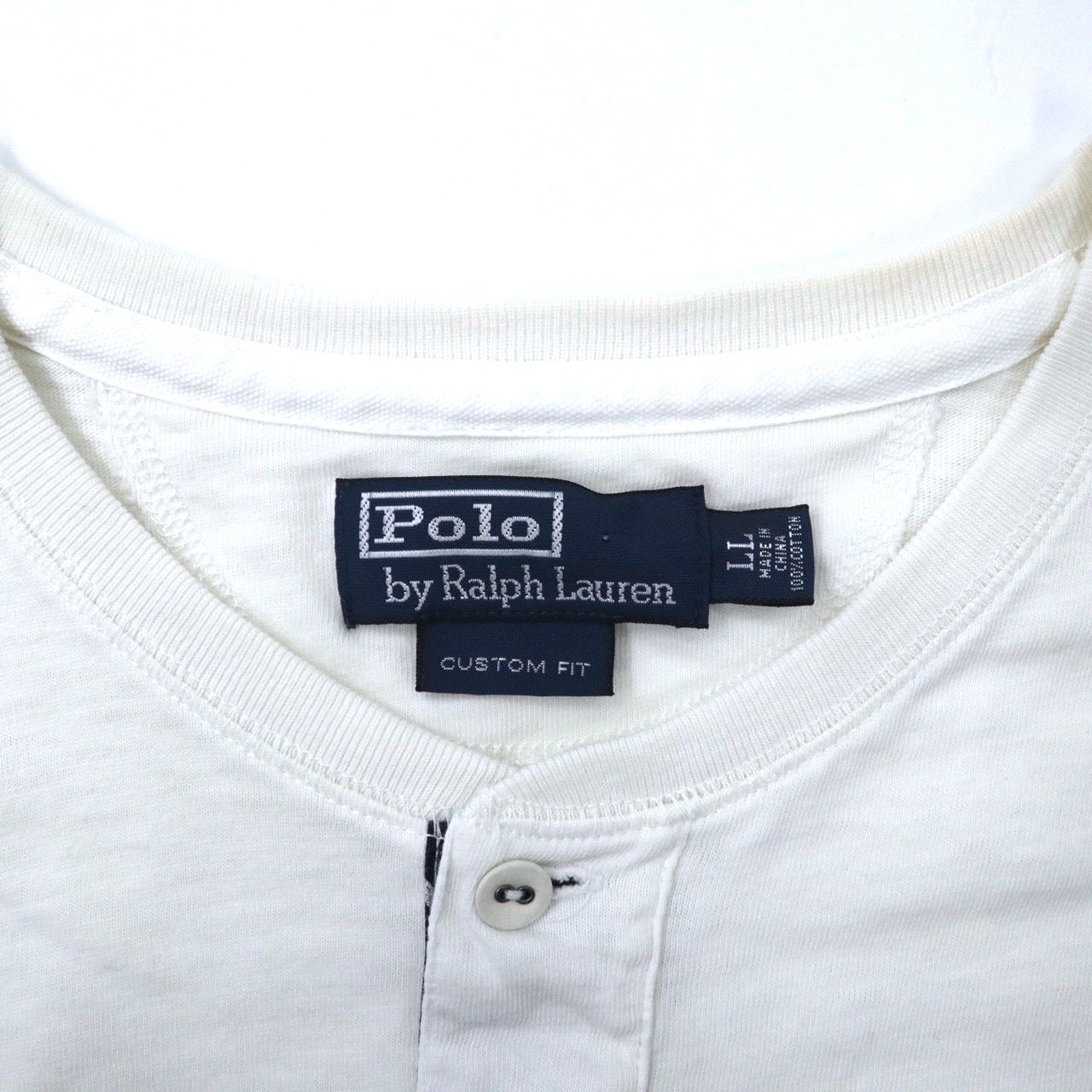 Polo by Ralph Lauren ヘンリーネックTシャツ LL ホワイト コットン 染み込みプリント ナンバリング CUSTOM FIT