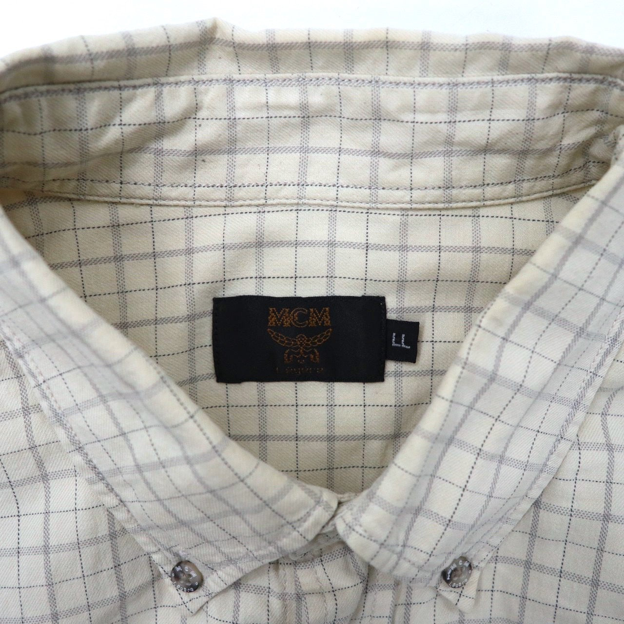 MCM ビッグサイズ ボタンダウンシャツ LL ベージュ チェック コットン ワンポイントロゴ刺繍
