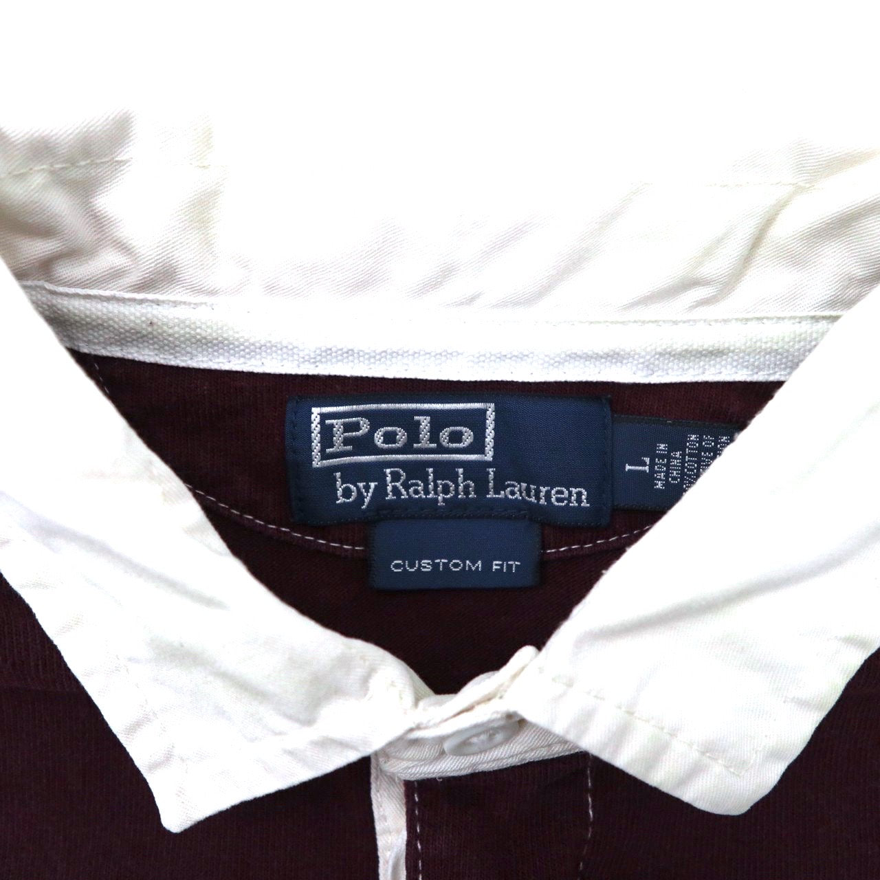 Polo by Ralph Lauren ボーダーラガーシャツ L ホワイト ボルドー コットン ロゴ刺繍