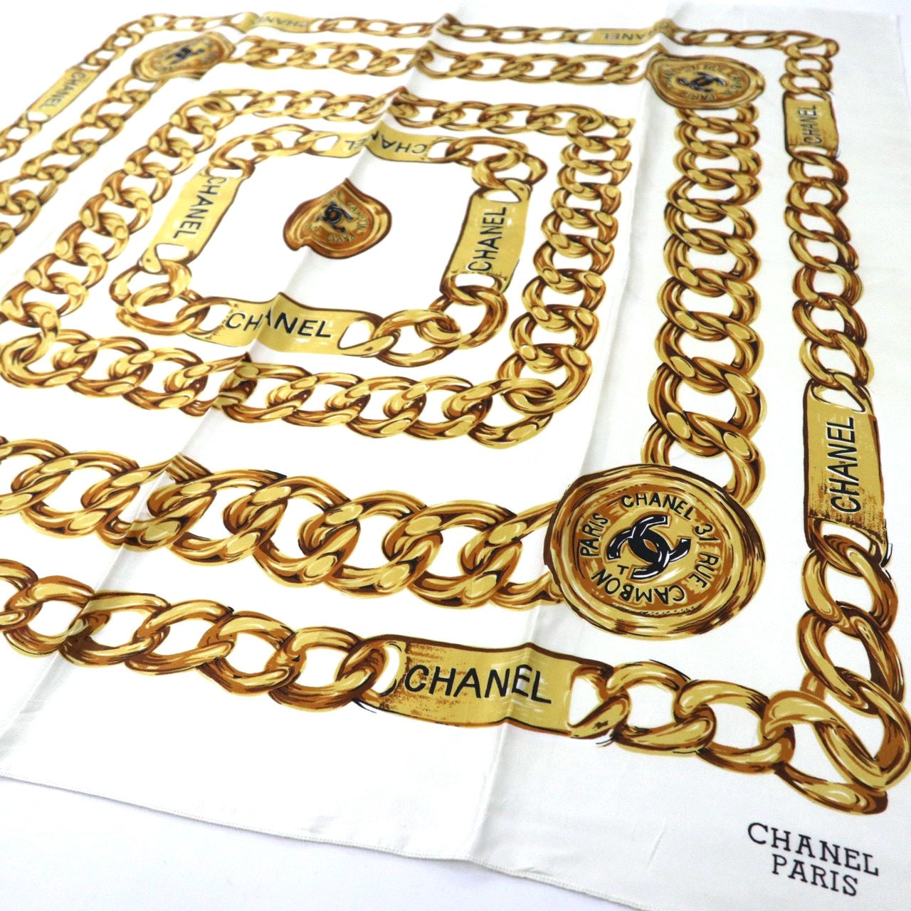 △CHANEL Scarf White Polyester Patterned Coco Mark Chain Jewelry ...