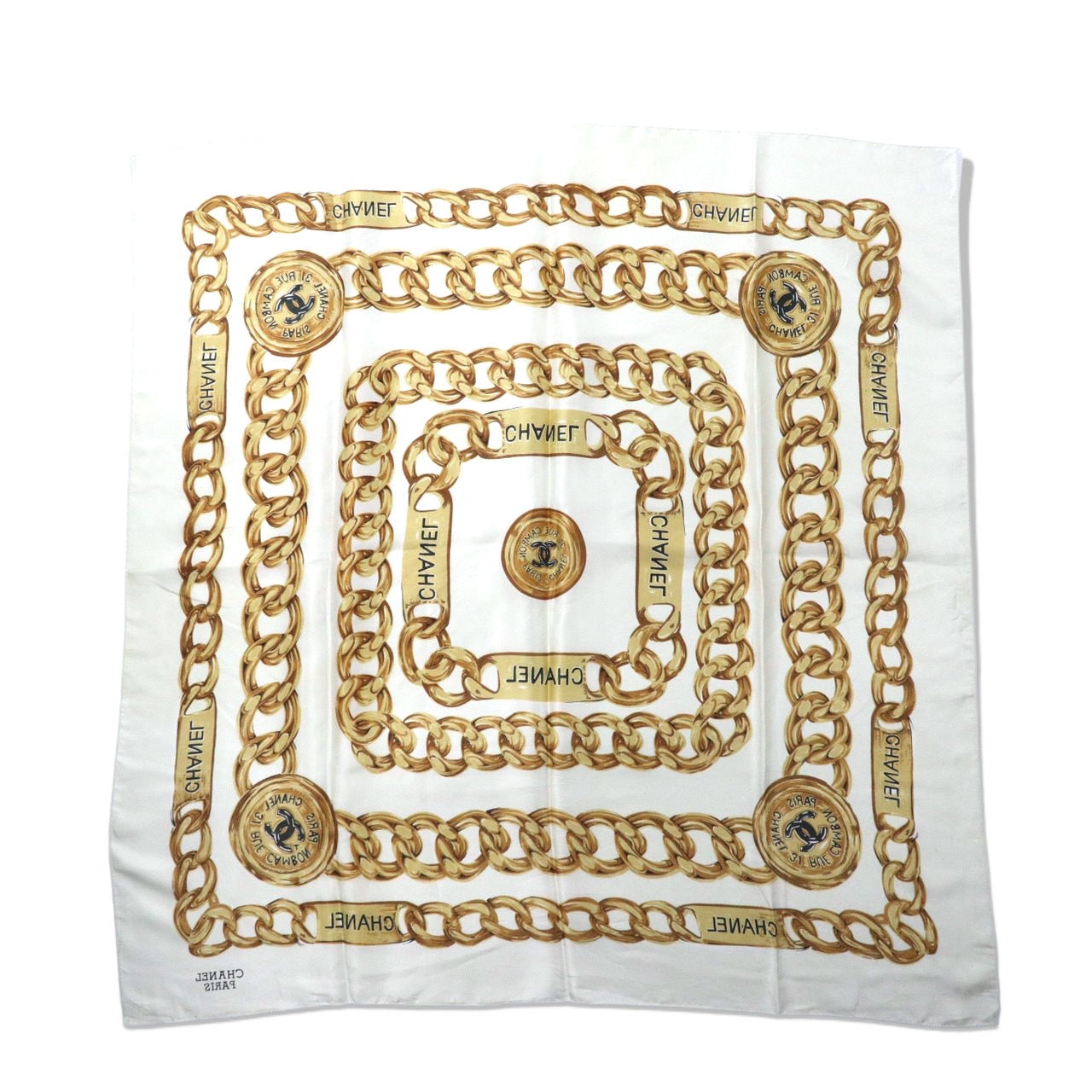 △CHANEL Scarf White Polyester Patterned Coco Mark Chain