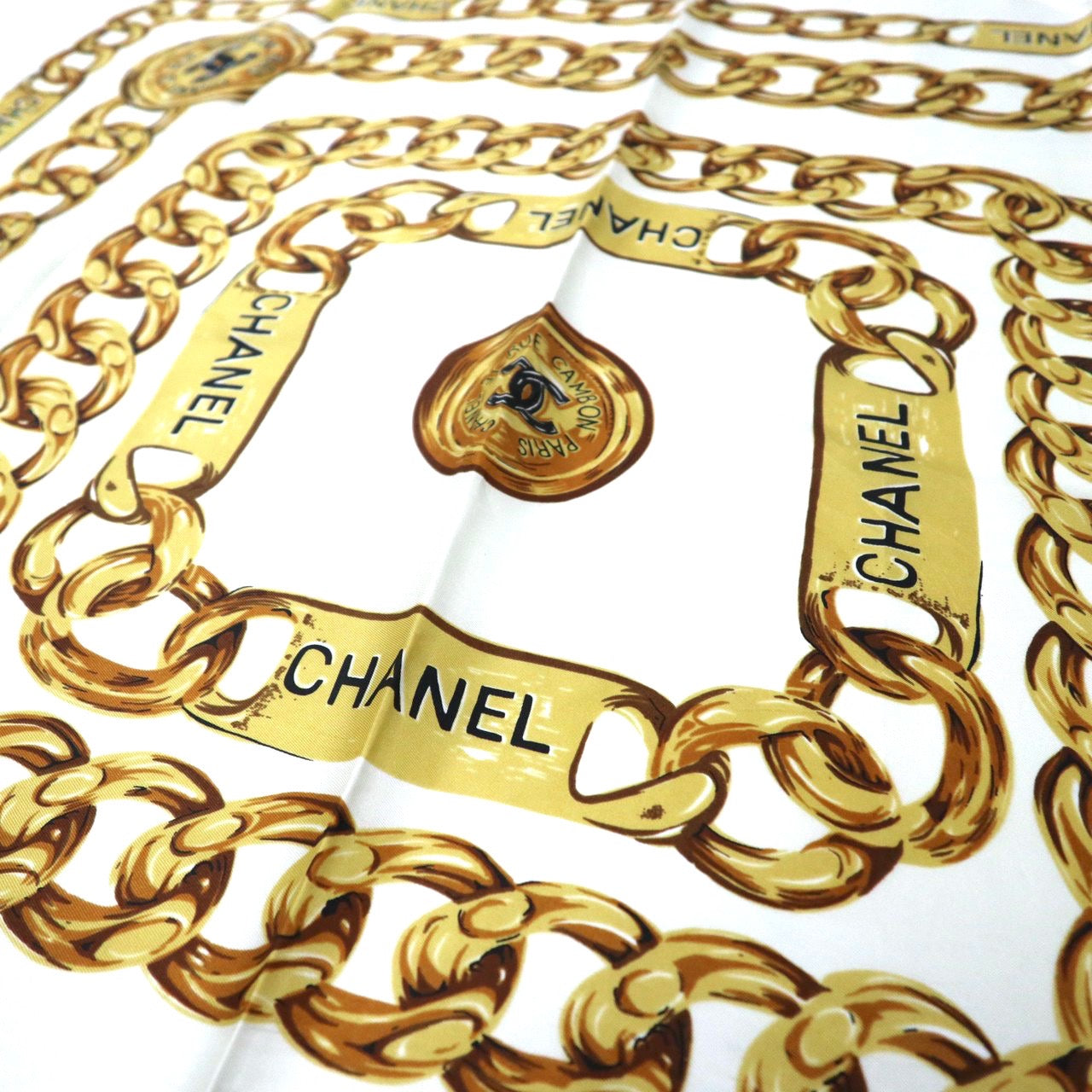 △CHANEL Scarf White Polyester Patterned Coco Mark Chain Jewelry 