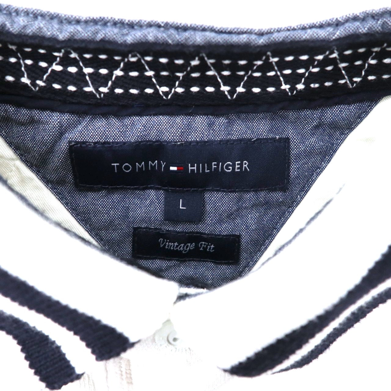 TOMMY HILFIGER リブライン ラガーシャツ L ホワイト コットン ロゴ刺繍 ナンバリング VINTAGE FIT