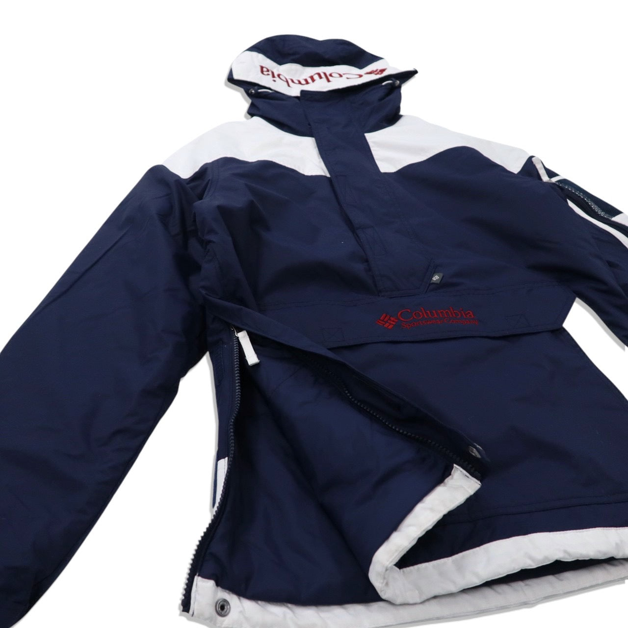 COLUMBIA Challenger Anorak Hoodie S Navy Nylon Heavy Cotton Logo