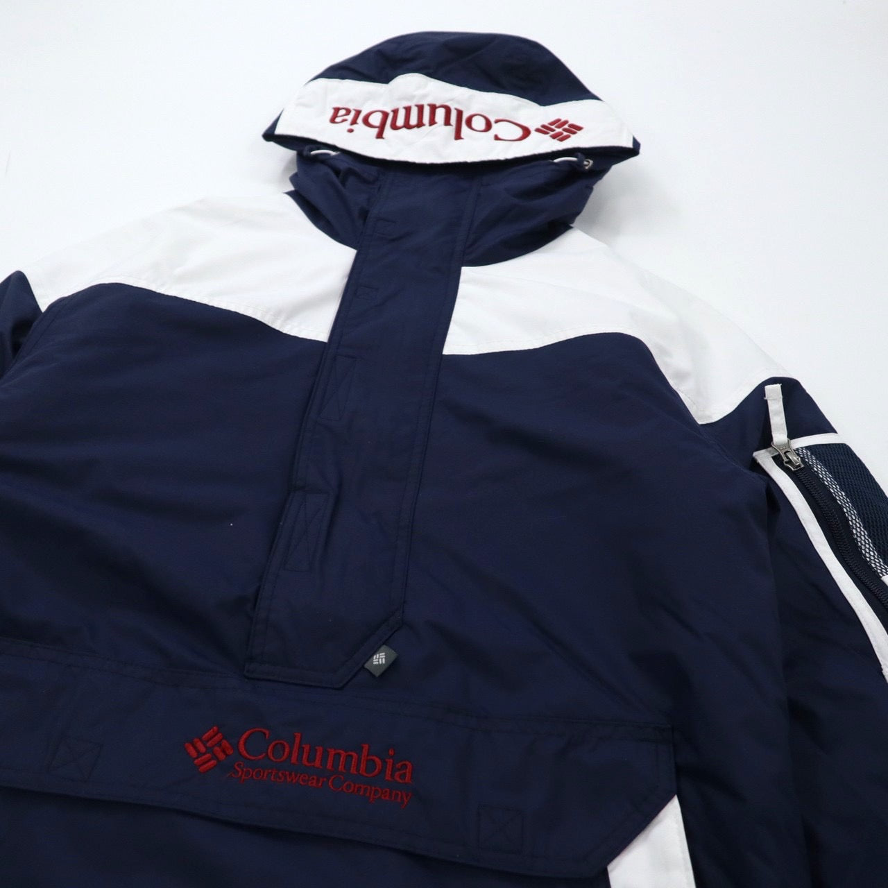 COLUMBIA Challenger Anorak Hoodie S Navy Nylon Heavy Cotton Logo