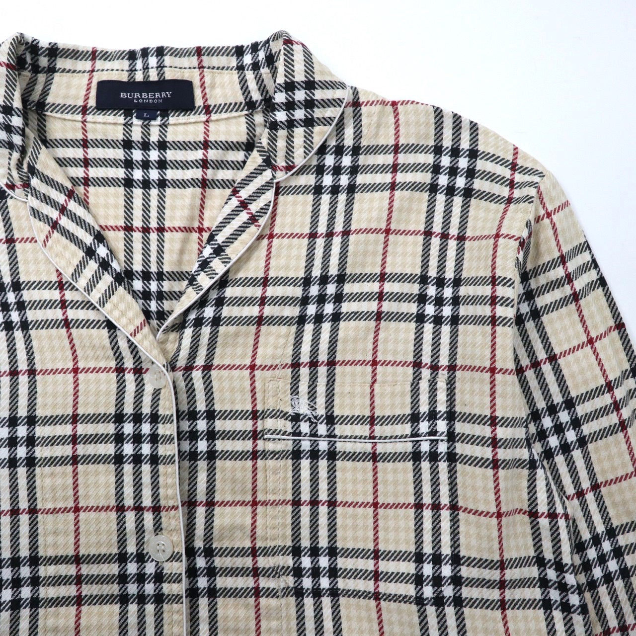 BURBERRY ノバチェック オープンカラーシャツ パジャマシャツ L ベージュ コットン ワンポイントロゴ刺繍 日本製