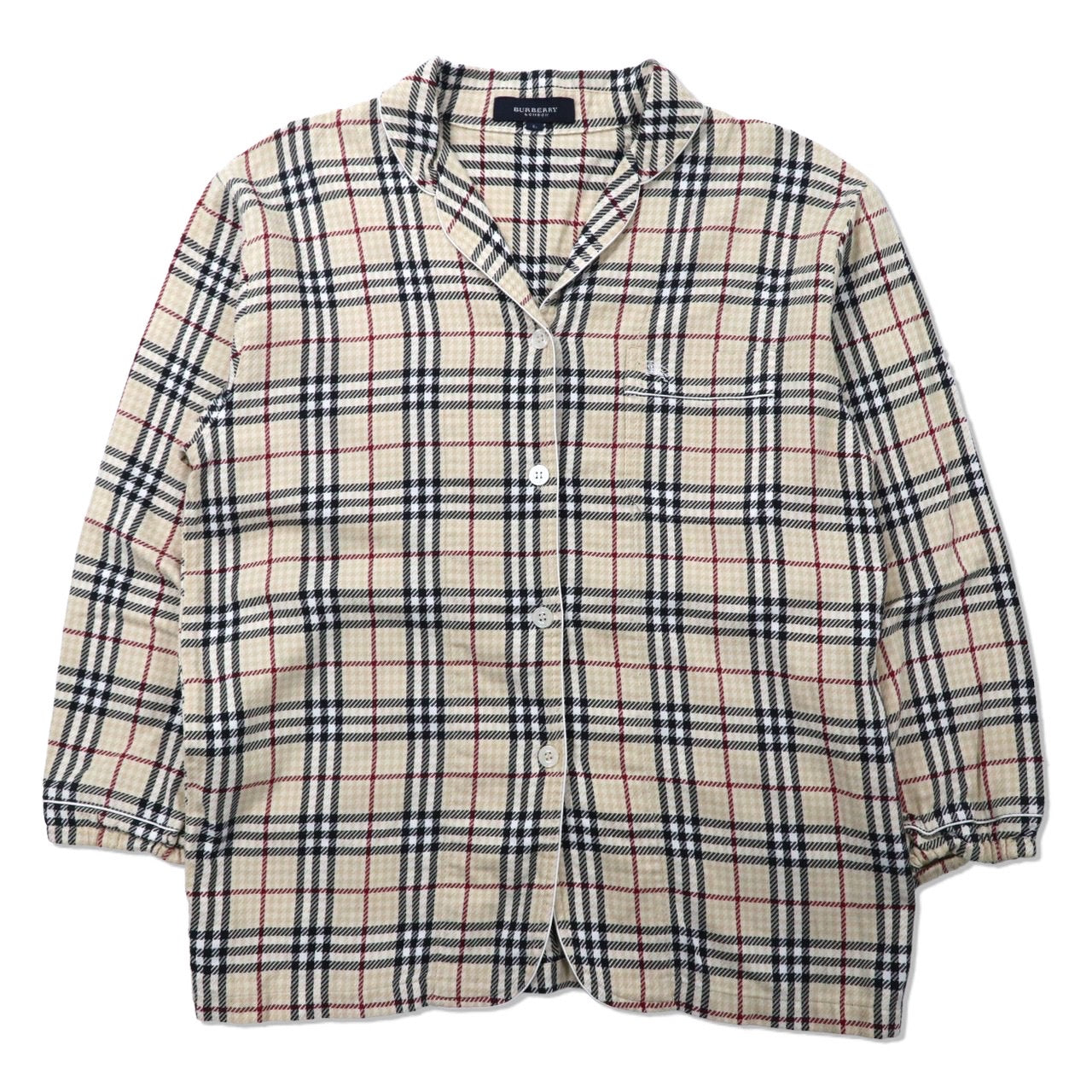 BURBERRY ノバチェック オープンカラーシャツ パジャマシャツ L ベージュ コットン ワンポイントロゴ刺繍 日本製