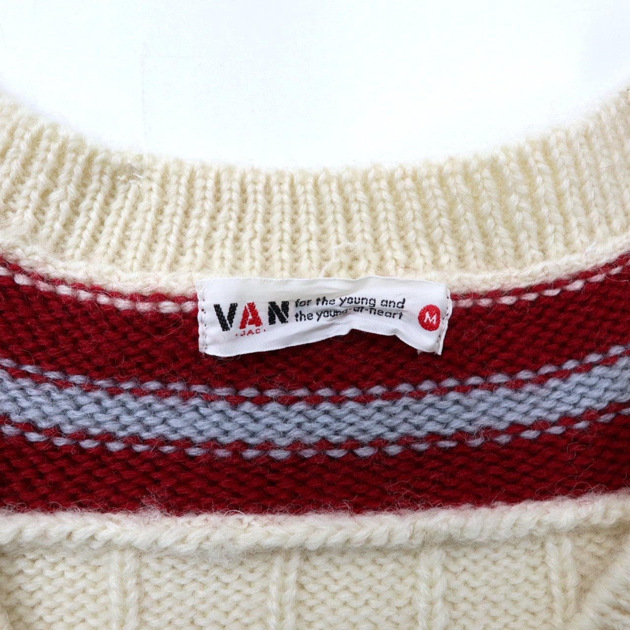 VAN -JAC- チルデンニット Vネックセーター M ホワイト ウール ケーブル編み 80年代 日本製