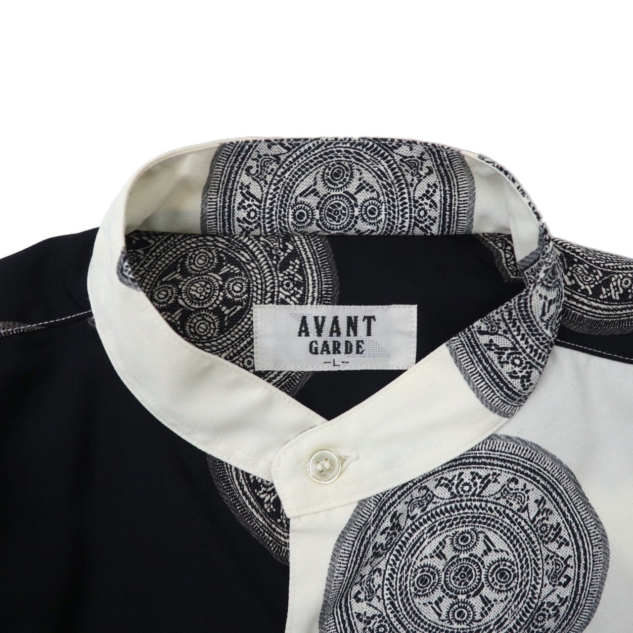 AVANT GARDE スタンドカラー レトロ総柄シャツ ポリシャツ L ブラック ホワイト ポリエステル 90年代 日本製