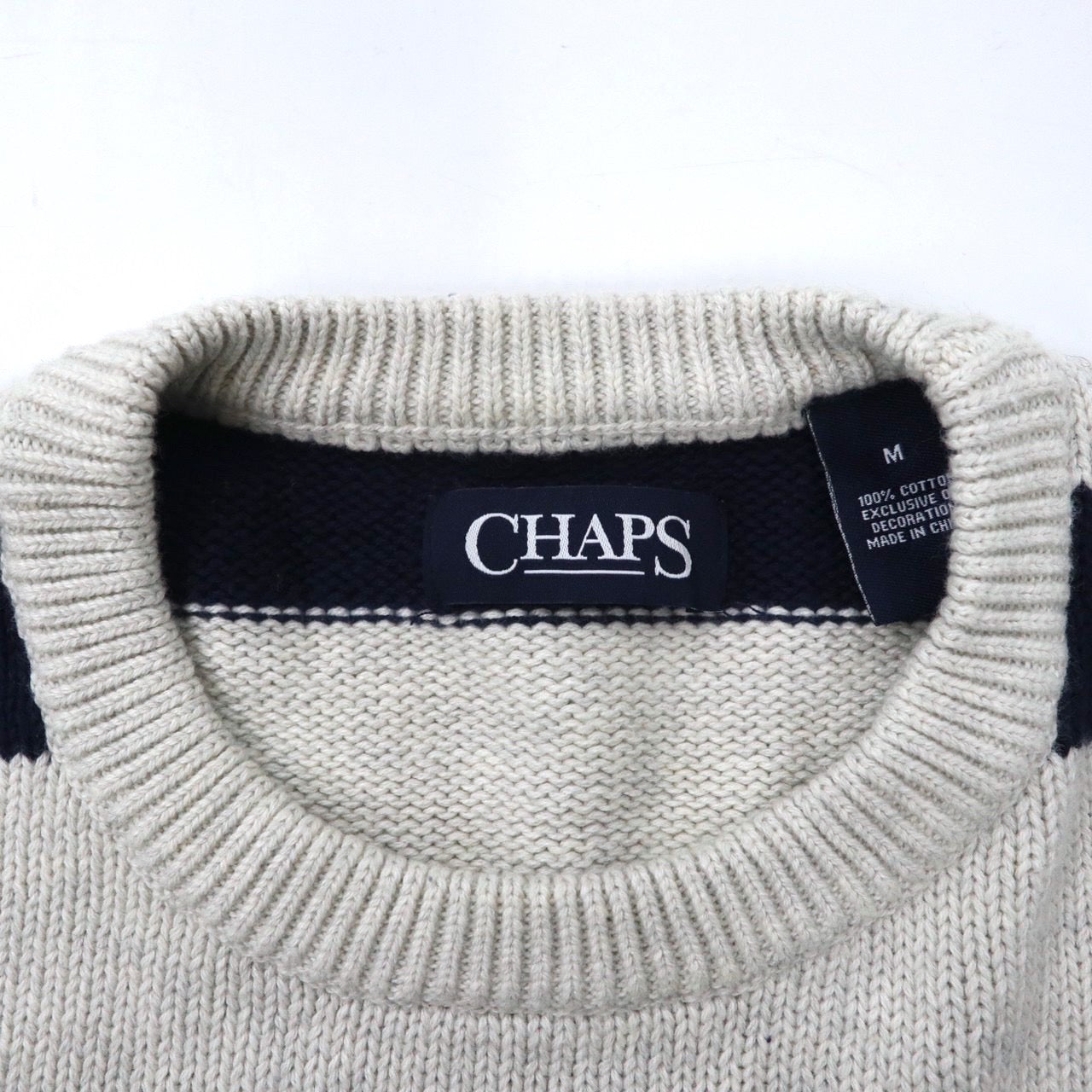 CHAPS ビッグサイズ ボーダーニット セーター M ホワイト ネイビー コットン ワンポイントロゴ刺繍