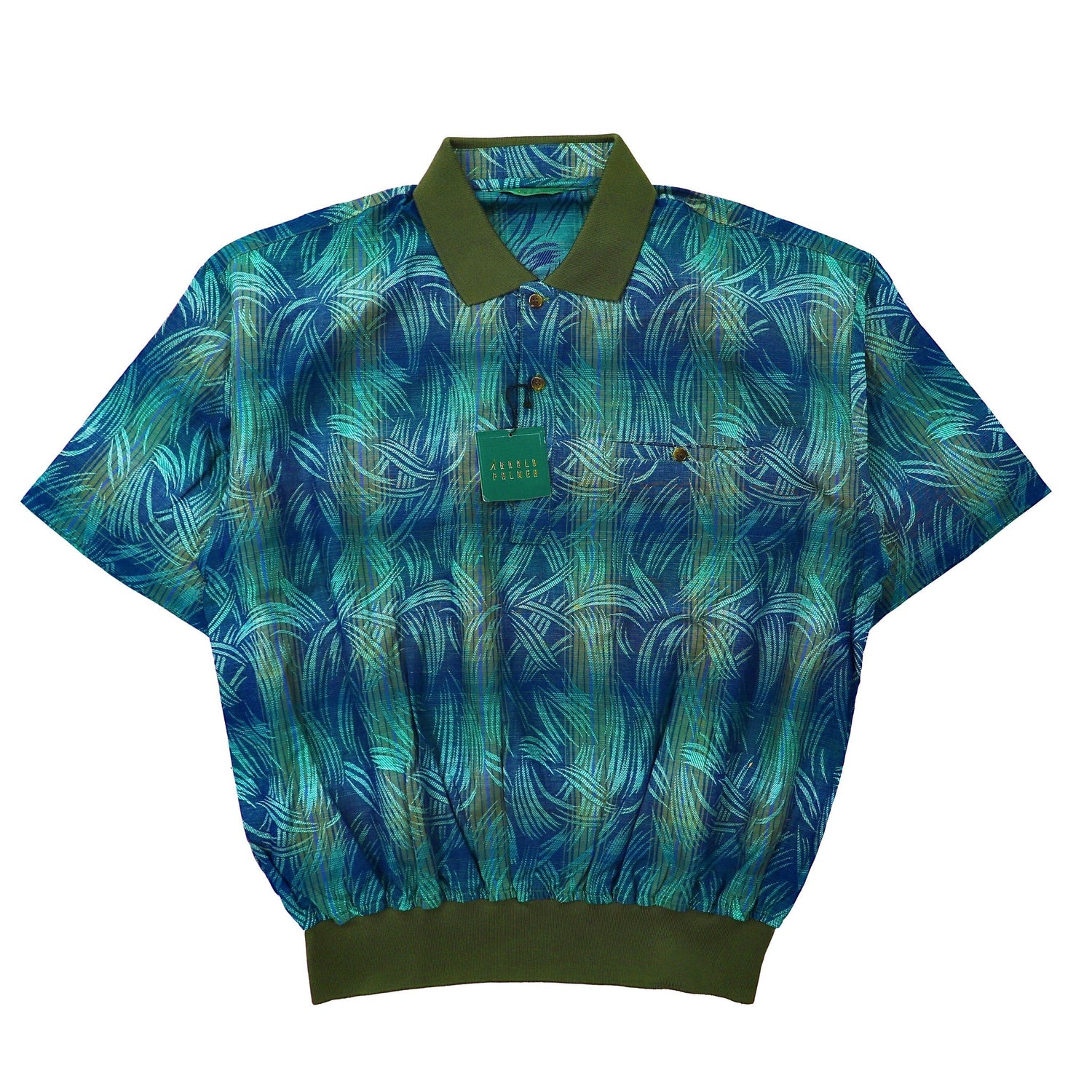 ARNOLD PALMER 総柄ポロシャツ M ブルー コットン リネン混 日本製 未使用品-Arnold Palmer-古着