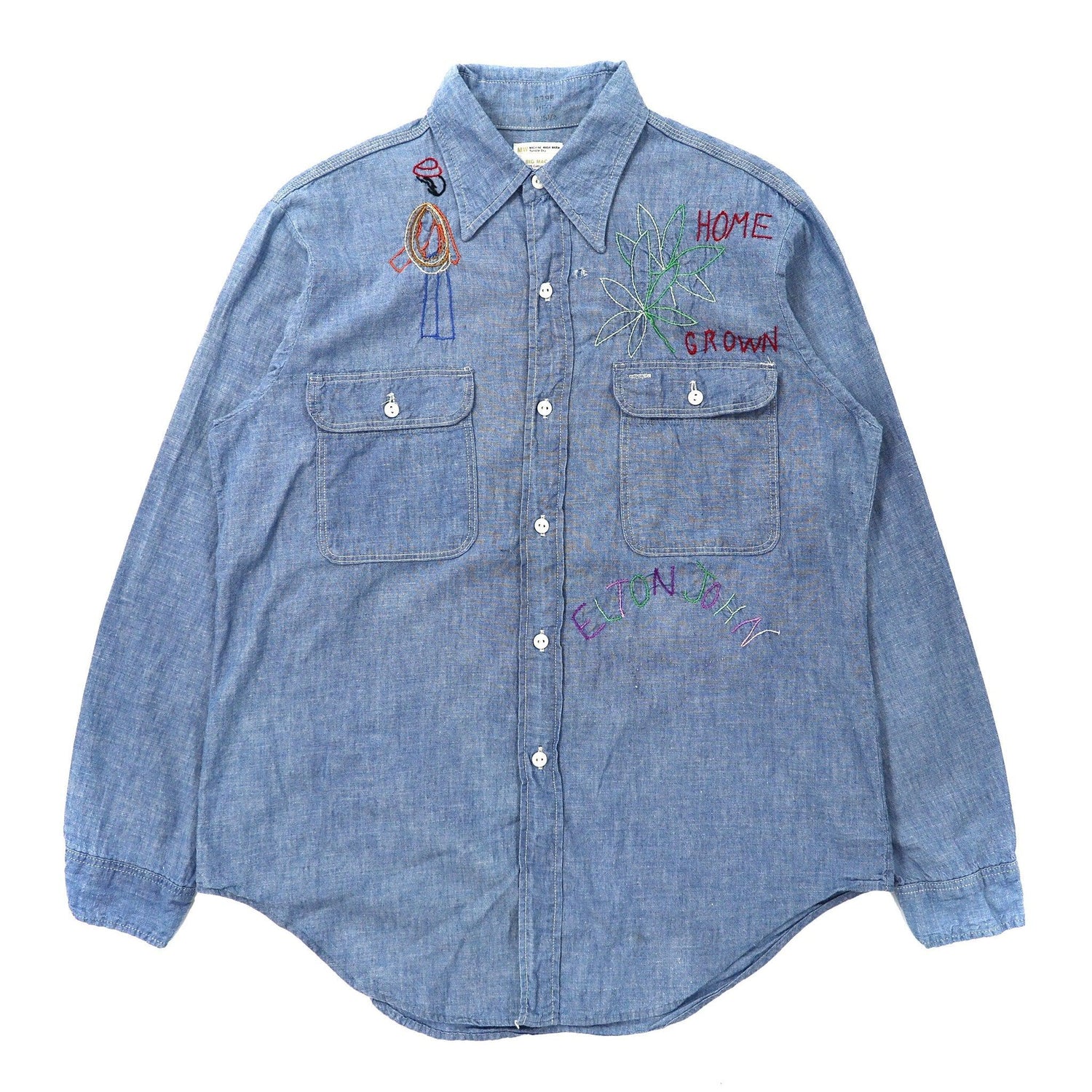 BIG MAC Shambray Shirt 15.5 Blue ELTON JOHN Embroidery 70s – 日本 