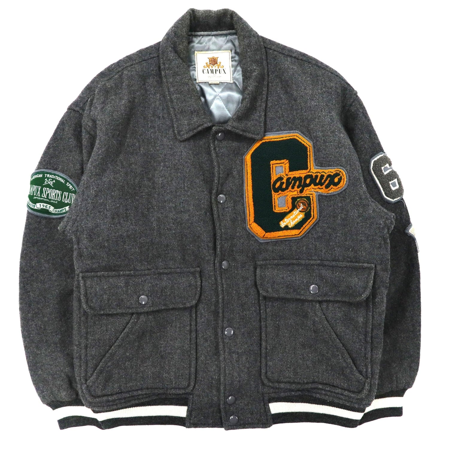 CAMPUX VARSITY JACKET M Gray Wool Patch Back Logo Quilting Liner 80s Japan  MADE – 日本然リトテ