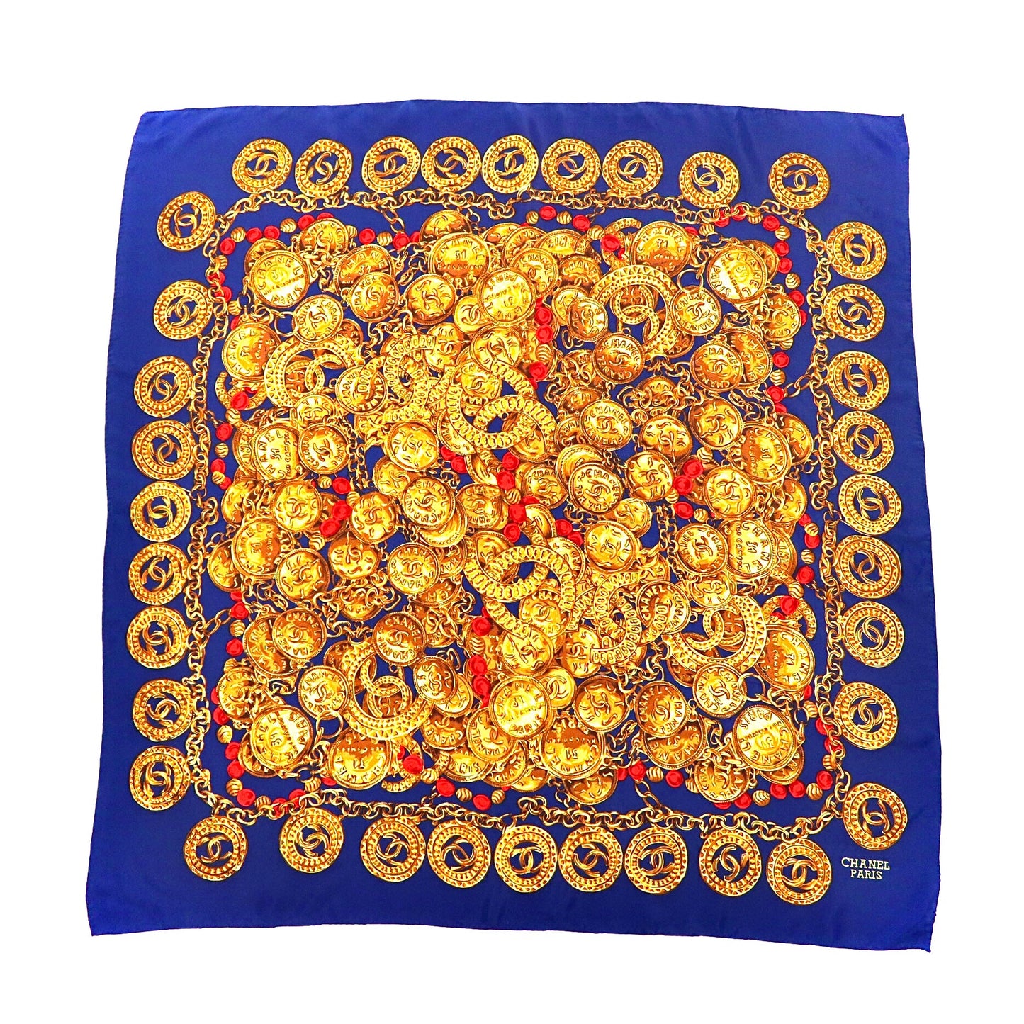 △ CHANEL Scarf Navy Gold Silk Patterned Coco Mark Chain Jewelry