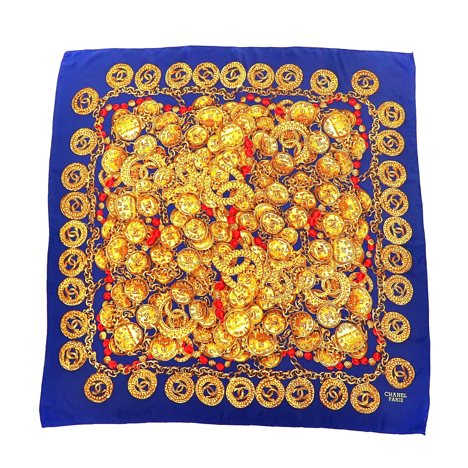 △ CHANEL Scarf Navy Gold Silk Patterned Coco Mark Chain Jewelry 