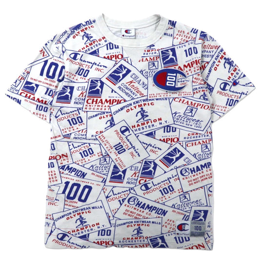 Champion 総柄Tシャツ L ホワイト コットン スクリプトロゴワッペン 100周年記念モデル-Champion-古着