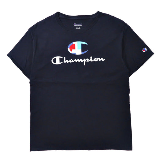 Champion ビッグロゴプリントTシャツ XL ネイビー コットン スクリプトロゴ ホンジュラス製-Champion-古着