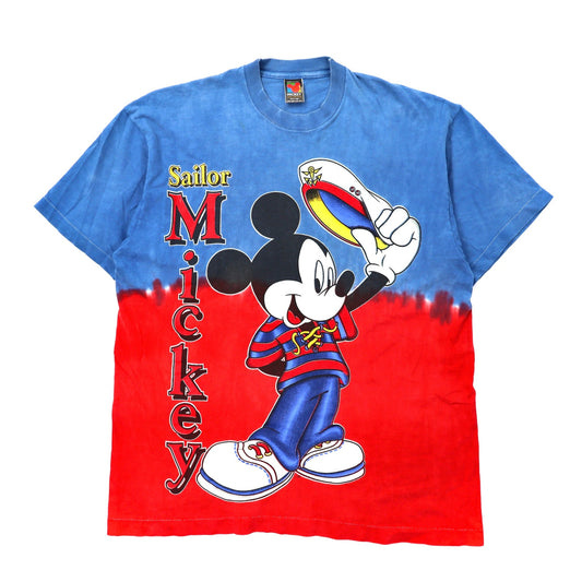 Disney Tシャツ F ブルー コットン タイダイ染め MICKEY UNLIMITED ミッキーマウスプリント 90年代 USA製-VINTAGE-古着