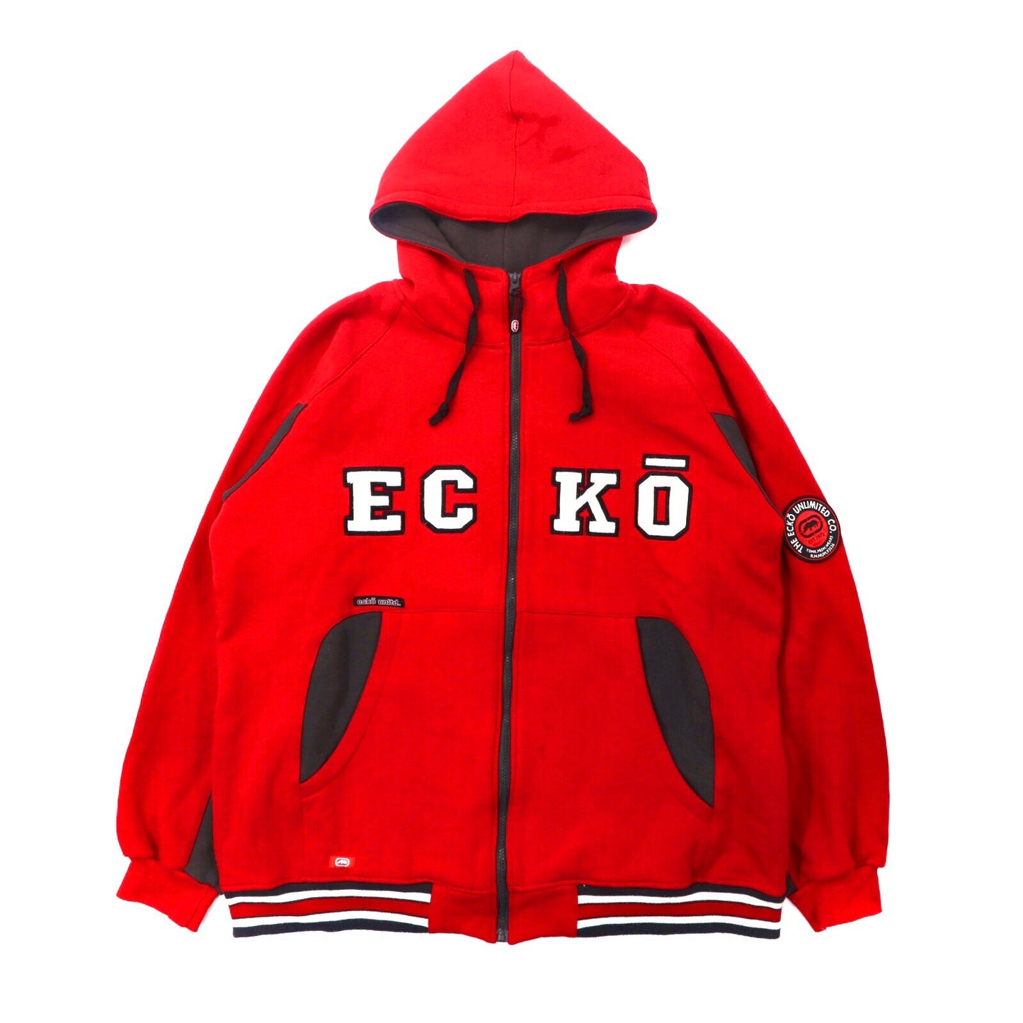 ECKO ZIP UP HOODIE 160 Red Cotton BRUSHED LINING Logo Patch Big