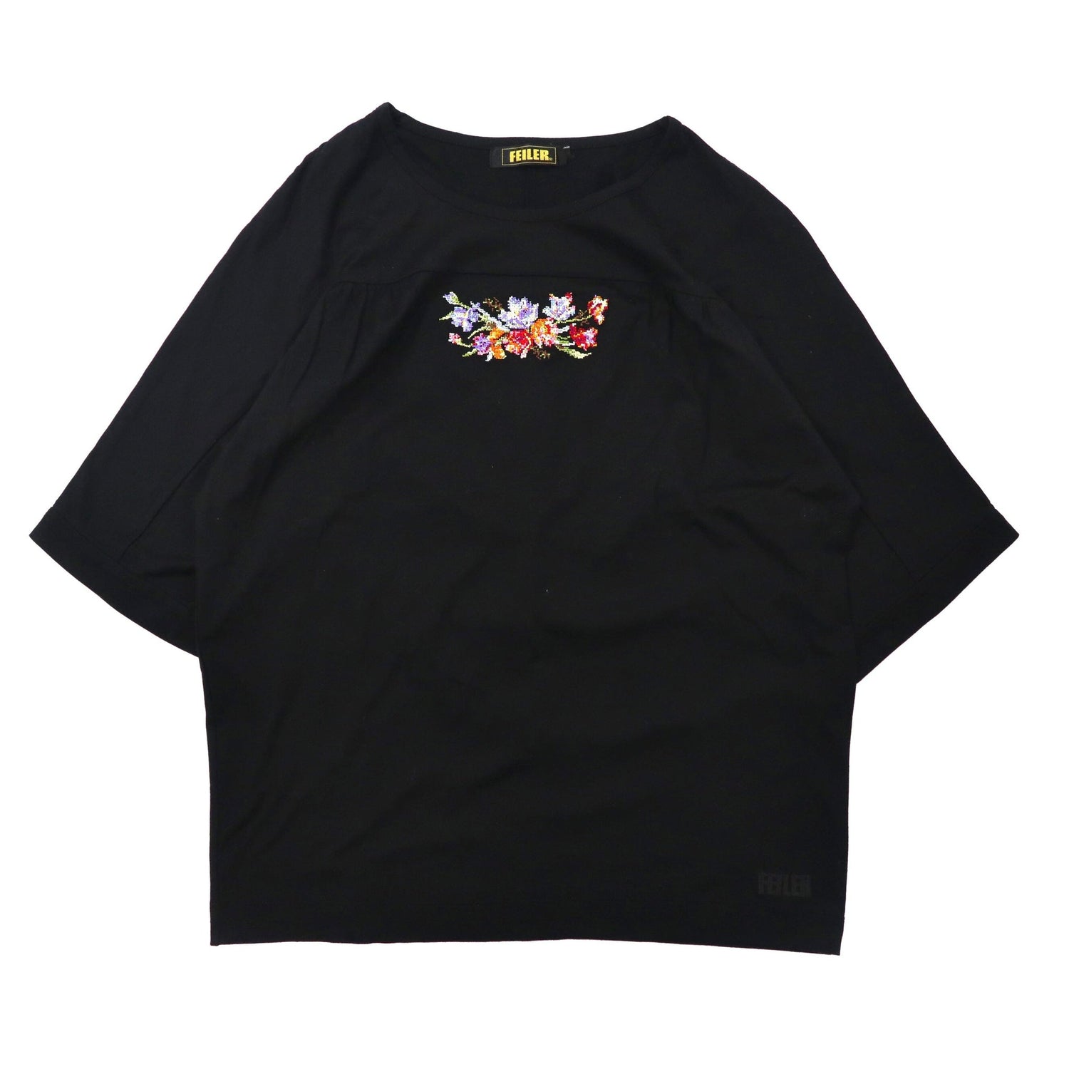 FEILER フラワー刺繍Tシャツ M ブラック コットン 日本製-FEILER-古着