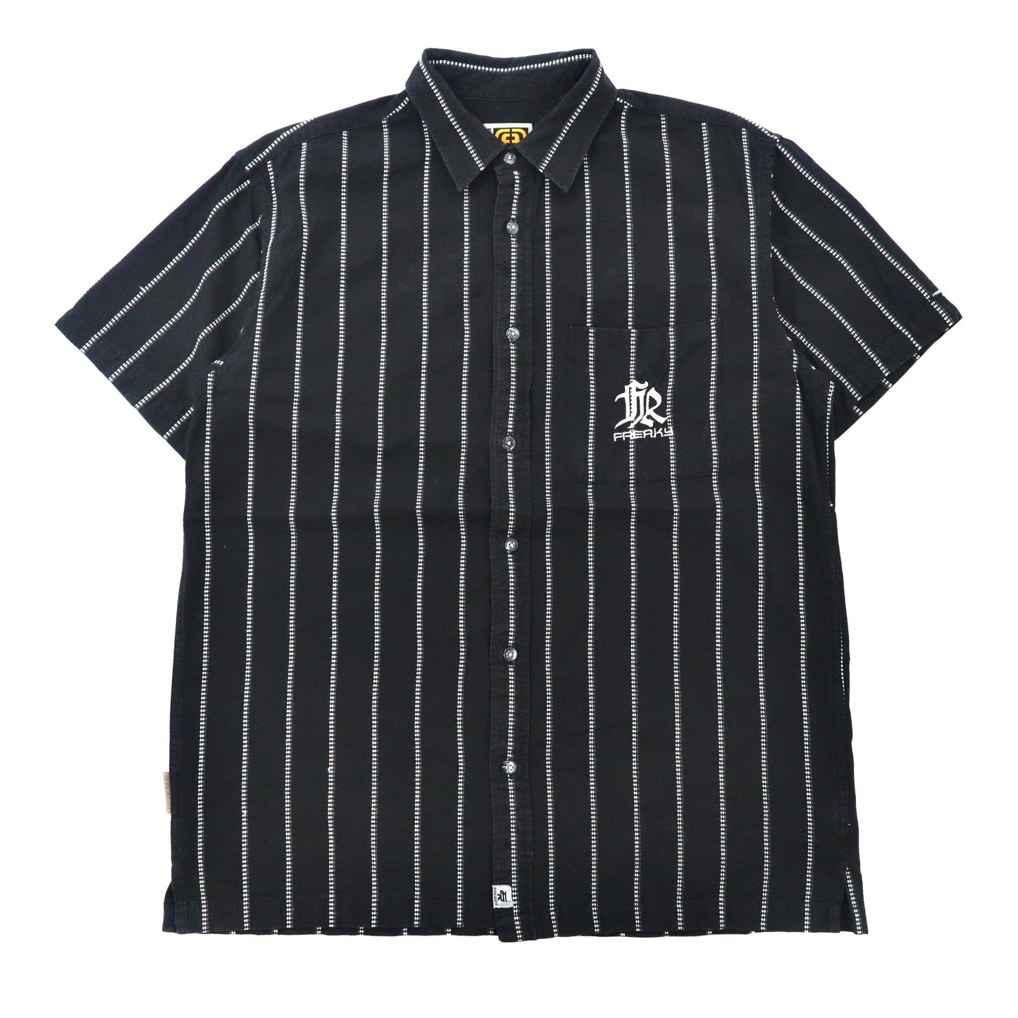 FREAKY 半袖ビッグサイズシャツ L ブラック ストライプ コットン ロゴ刺繍 00年代-VINTAGE-古着