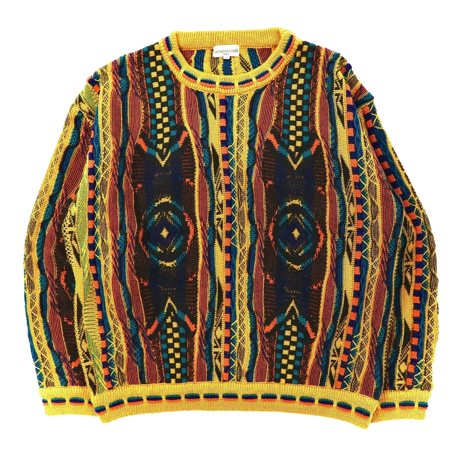 Giovanni Uomo Italy 3D Knit Sweater 48 Yellow Multicolor Acrylic 