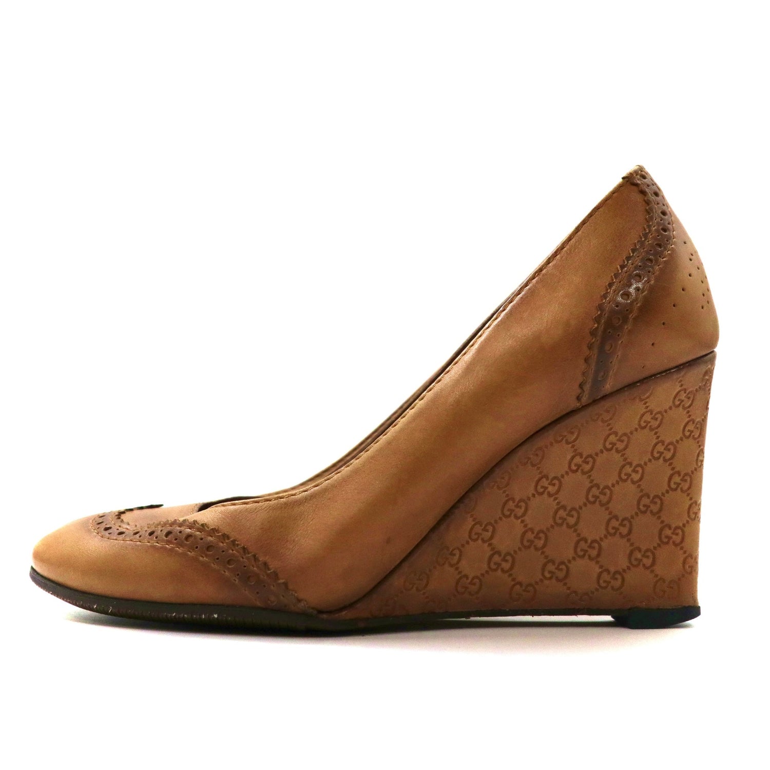 GUCCI wedge sole pumps US6.5 Brown leather GG pattern 297212