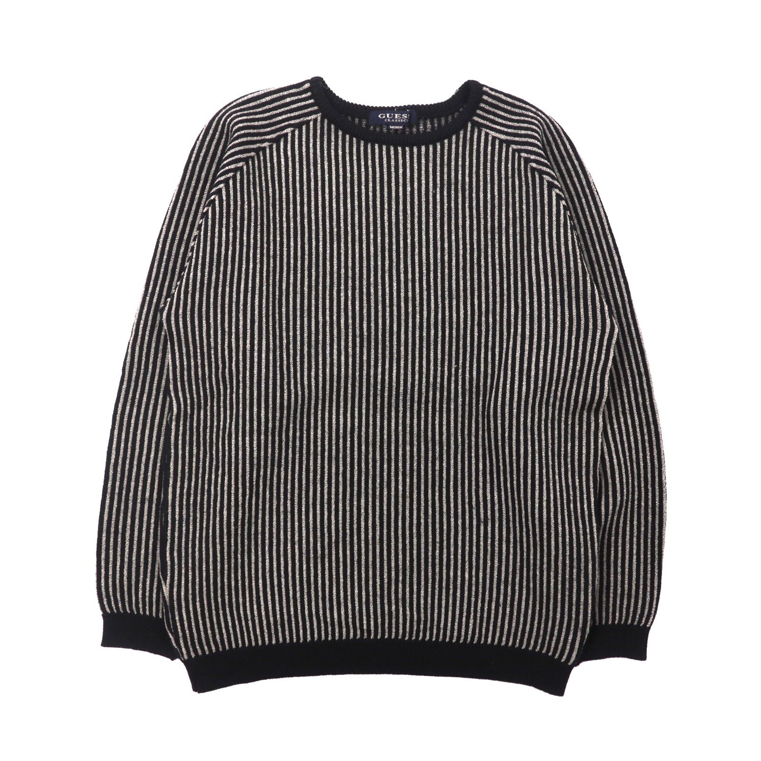 Guess Classics Knit Sweater M Black Striped Wool Japan MADE