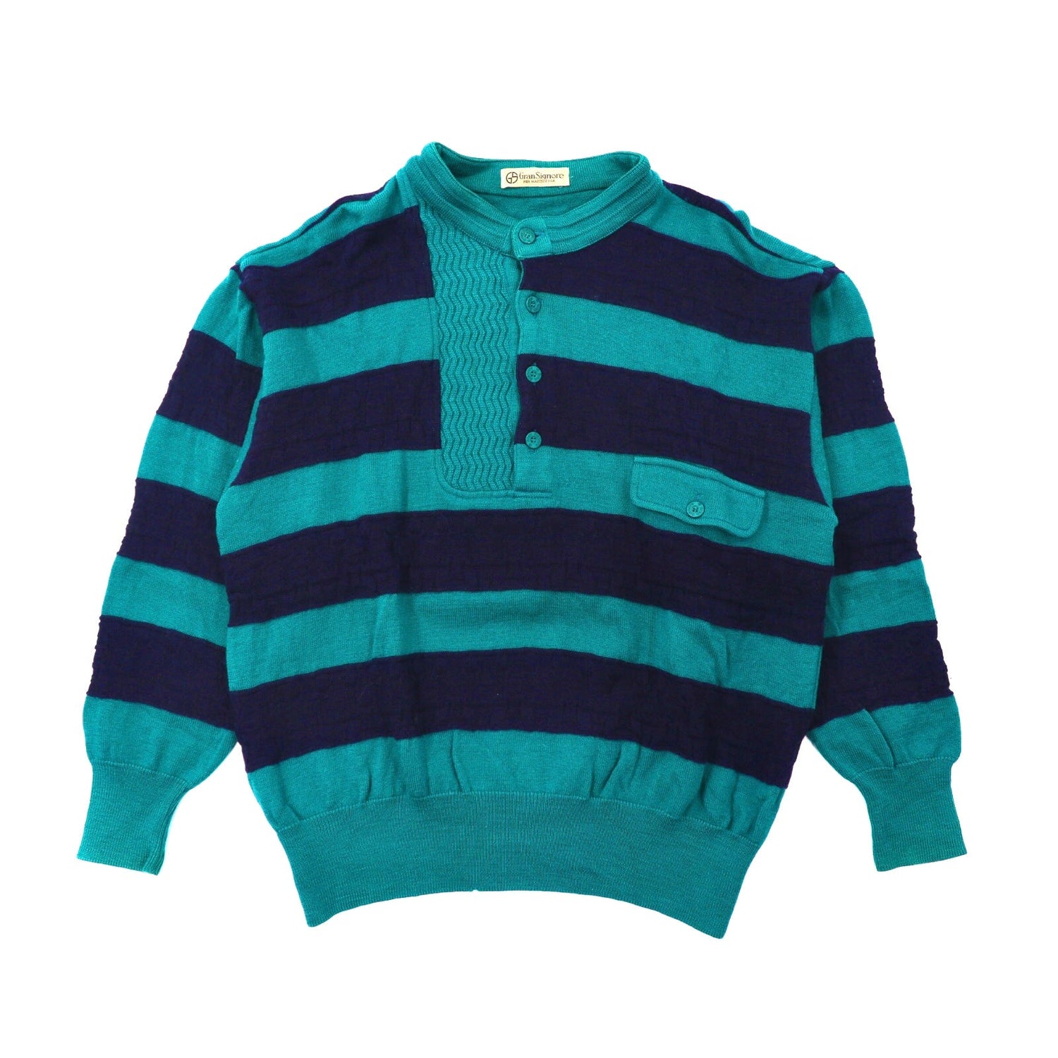 GRAN SIGNORE Henry Neck Knit Sweater L Green Striped Wool Japan 